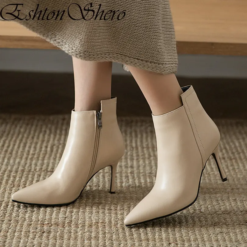 

EshtonShero Women Ankle Boots Shoes Woman High Heels Winter Leather+PU Pointed Toe Platform Ladies Motorcycle Boots Size 34-43