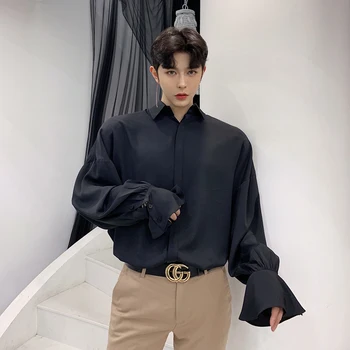 

Men Ruffle Long Sleeve Casual Shirt Streetwear Hip Hop Male Vintage Fashion Dress Shirts Stage Show Clothing