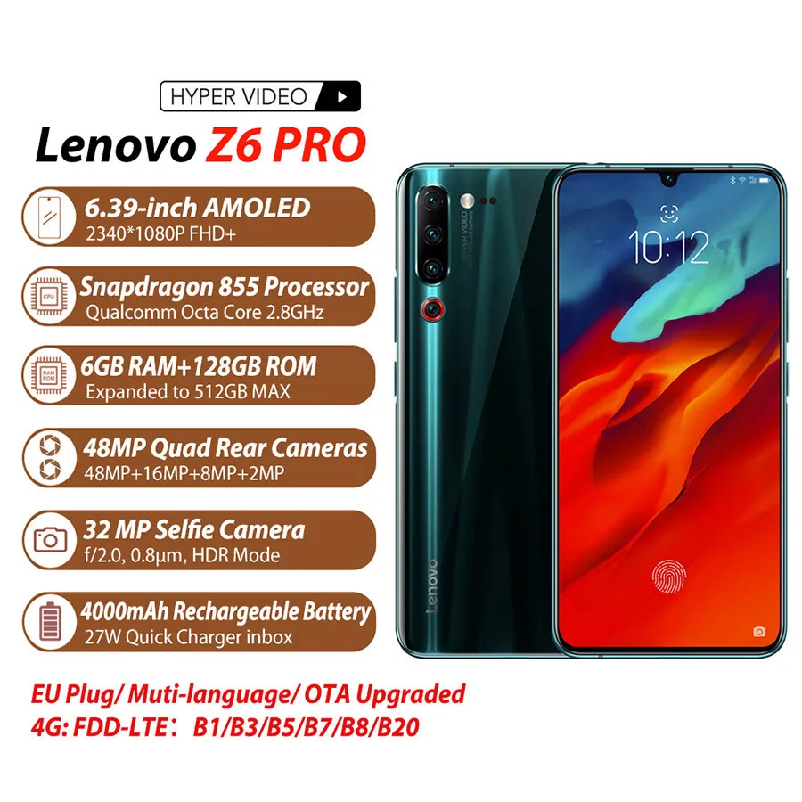 Lenovo Z6 Pro с глобальной версией, 6 ГБ, 128 ГБ, 4000 мА/ч, мобильный телефон Snapdragon 855, 6,39 дюймов, 48мп, четыре камеры, 4K видео, 4G смартфон