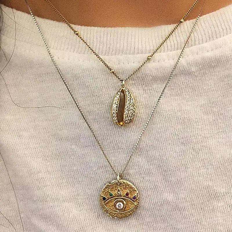

Multi-layer Bohemia Shell Eye Necklace For Women Rhinestone Cubic Zirconia Pendant Chain Necklaces Jewelry Gifts
