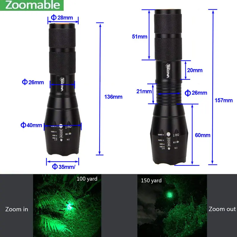 zoomable lanterna foco ajustável modo caça tocha rifle scope montar interruptor carregador caso