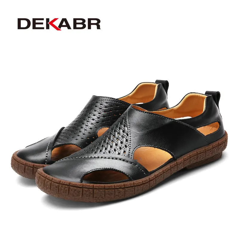 DEKABR/брендовая летняя пляжная обувь; коллекция года; модные дизайнерские мужские сандалии; мужские кожаные тапочки без застежки; повседневная мужская обувь - Цвет: Black