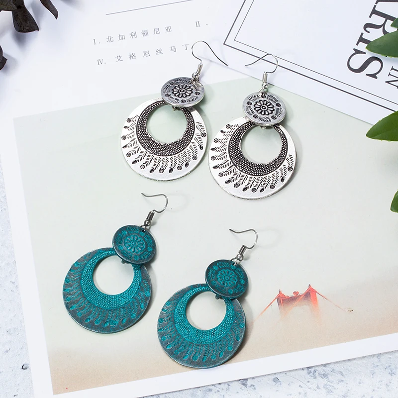 

Boho ethnic big circle round alloy earing Vintage metal silver bronze color dangle earrings for women 2019 new Charm jewelry