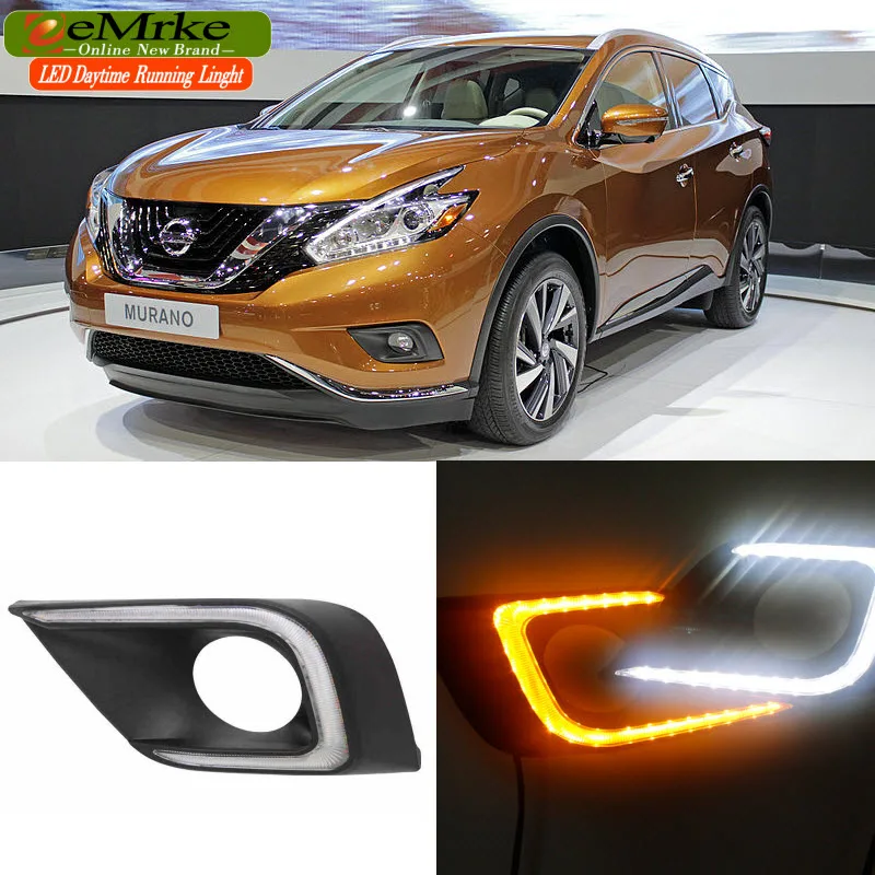 eeMrke Car LED DRL For Nissan Murano 2014 2015 Xenon White DRL + Yellow Turn Signal Fog Cover Daytime Running Lights Kits