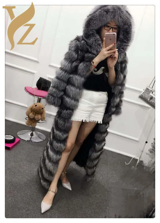 130 см Роскошные Природные Silver Fox Шуба с капюшоном X-длинный теплый тонкий мех лисы капюшоном пальто мода высокое качество длинное пальто