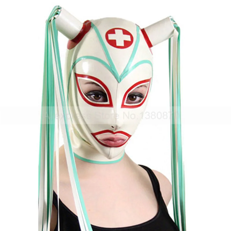 

Sexy Rubber Latex Cosplay Nurse Hood With Back Zip Costume Set Fantasias Mask Handmade S-LM002