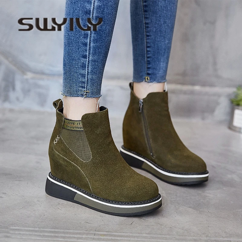 

SWYIVY Genuine Leather Boots Shoes Platform 2018 Autumn Winter Female Fur Warm Cotton Paded Sneakers Wedge Snow Boots Velvet