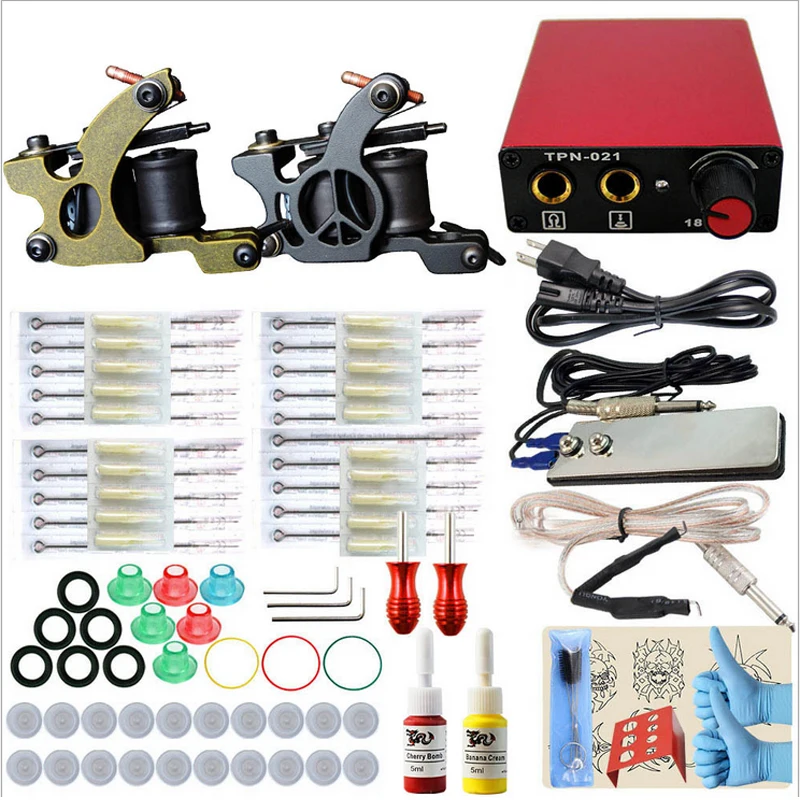 

Professional Tattoo Set Great Complete Equipment 2 colors ink Tattoo kits 2 Machine Gun Power Supply Cord Kit Body Beauty DIY