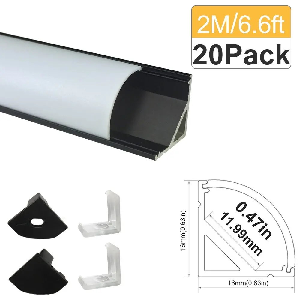 20Pack / 2M (6,6 st.) Černý tvar V tvaru 12mm LED profil pro Led Bar Barva Hliníkový profil s krytem Rohová montáž Hliník