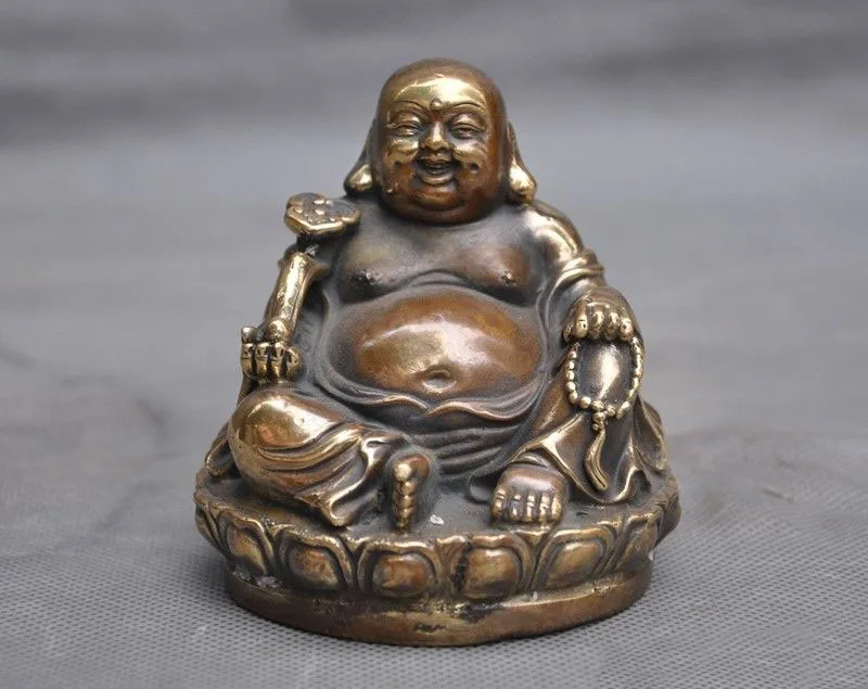 

wedding decoration 4"Chinese Buddhism Auspicious Bronze Ruyi Lotus Laughter Maitreya Buddha Statue