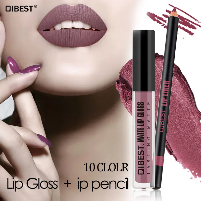 2pcs Set Matte Long lasting Lip Gloss And Lip Liner Pencil Kits