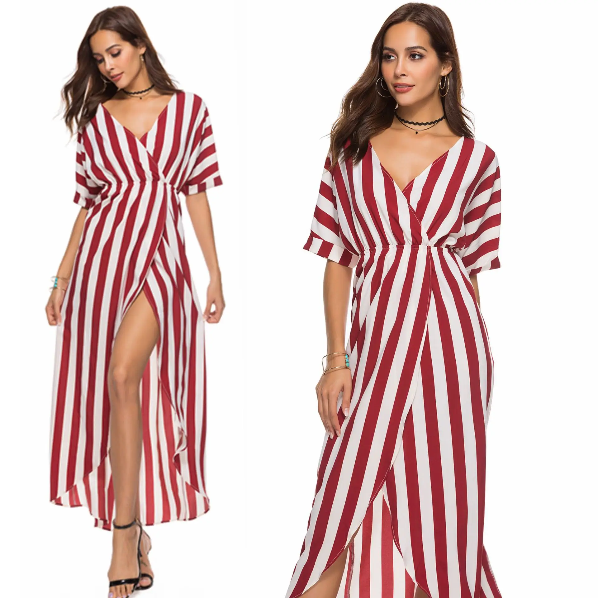 2018Women's Fashion Casual V Neck Stripe Black Burgundy Summer's Symmetric Split Front Long
