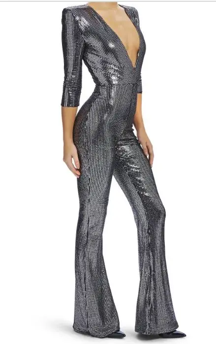 Черный комбинезон с v-образным вырезом, с блестками, Сексуальные вечерние, облегающие,, женская одежда, осень, весна, зима