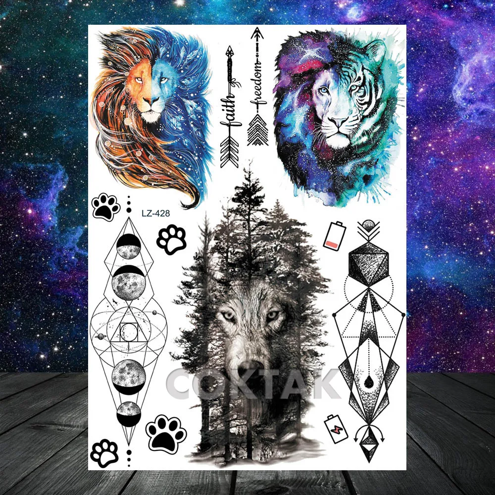 Временные татуировки COKTAK лес лев тигр галактика геометрические планеты водные