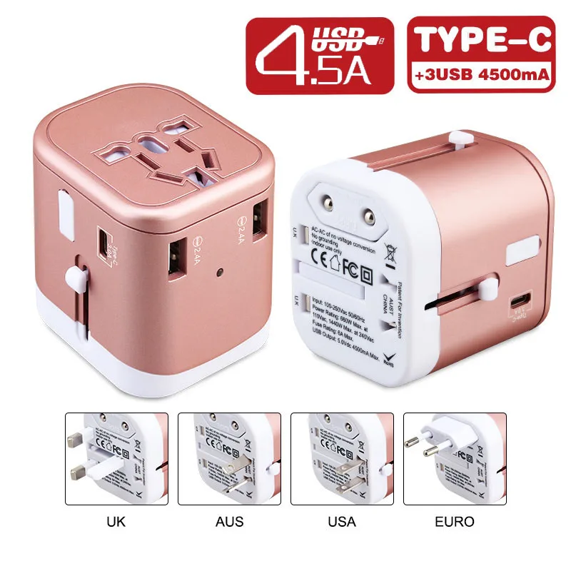 Универсальный дорожный переходник с разъемами usb type C 4.5A и EU US UK US для всех стран CE. ROHS. FCC утвержден 166C