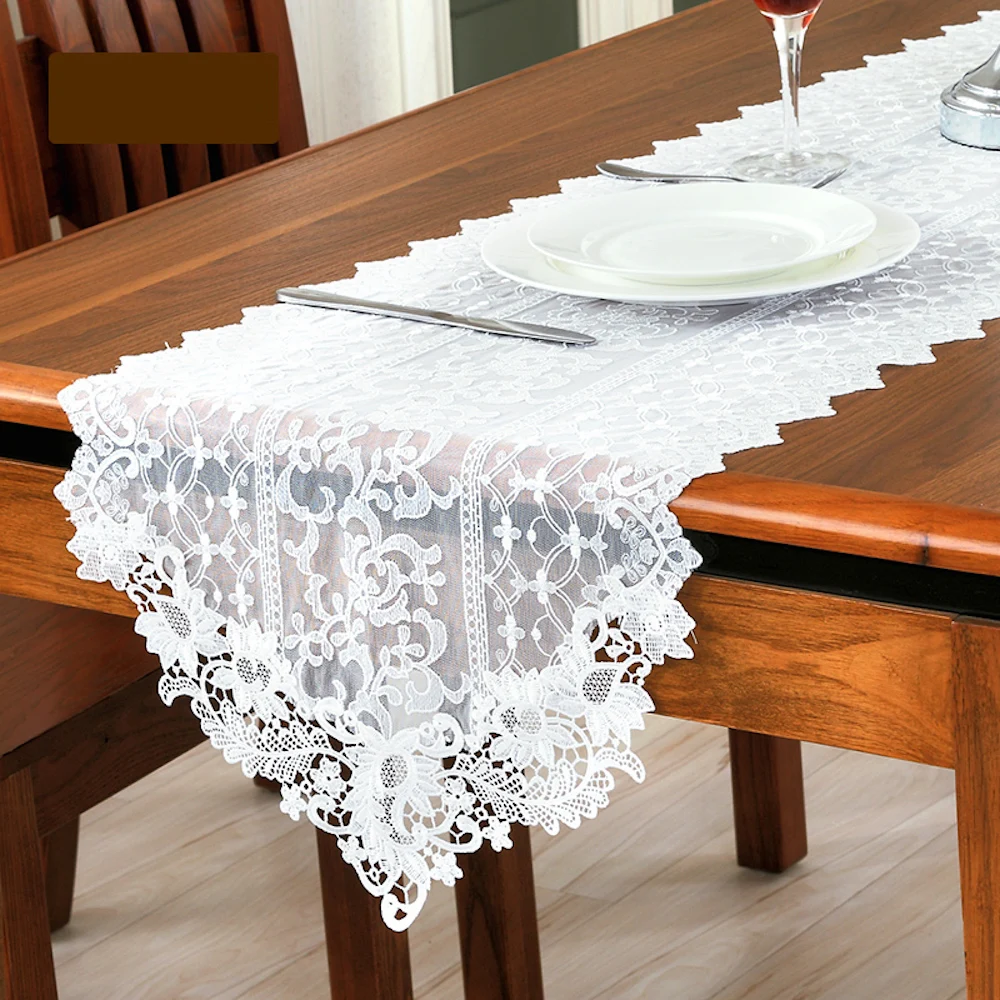 Embroidered Lace Table Runner TV Bench Stand End Table Cover Decoration 40cm x 70 90 120 150 180 210 250 280cm White