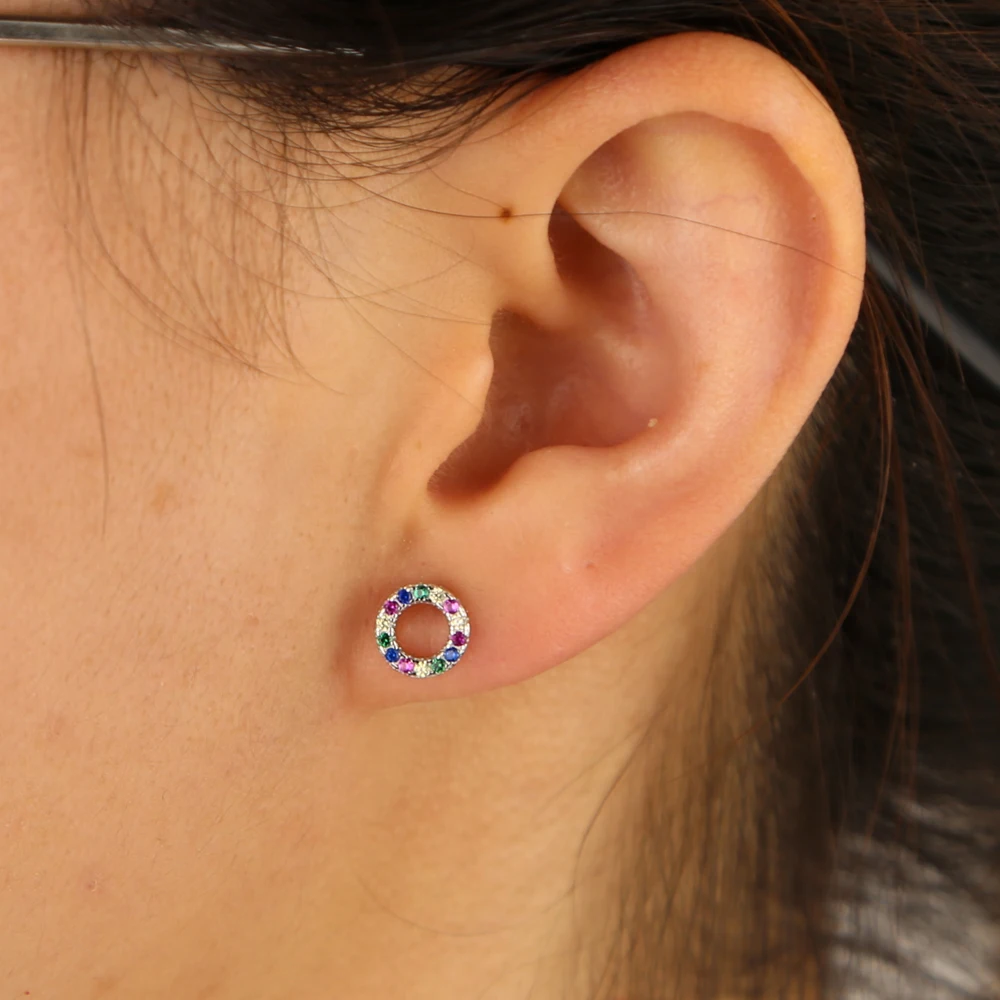 Круглые серьги-гвоздики золотистого цвета с минимальным радужным фианитом для женщин, 925 Стерлинговое Серебро, милые изящные серьги, вечерние ювелирные изделия, подарок