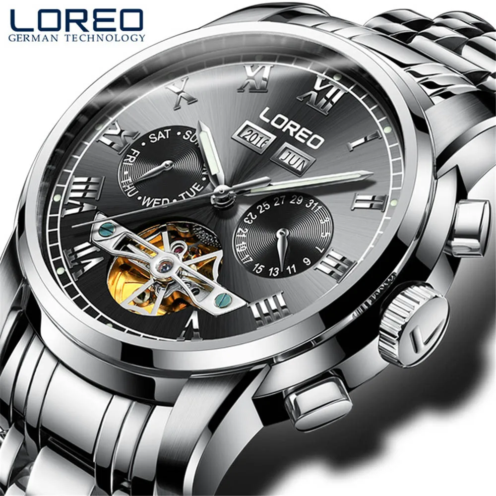 Люксовый бренд LOREO Tourbillon часы Мужские механические часы сапфировые водонепроницаемые 50 м модные мужские часы Relogio - Цвет: Черный