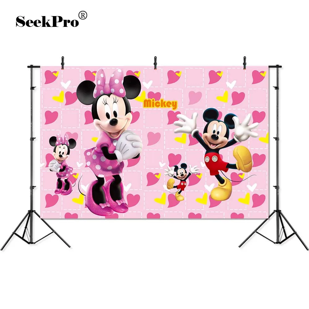 

Personalized Pink Mickey Minnie Happy Birthday Baby Photo Backgrounds Printed Professional indoor Photographic Studio Backdrops