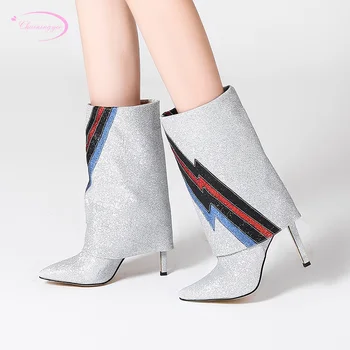 

European street style sexy pointed toe mid calf boots fashion glitter sequins color matching thin high heel women's riding boots