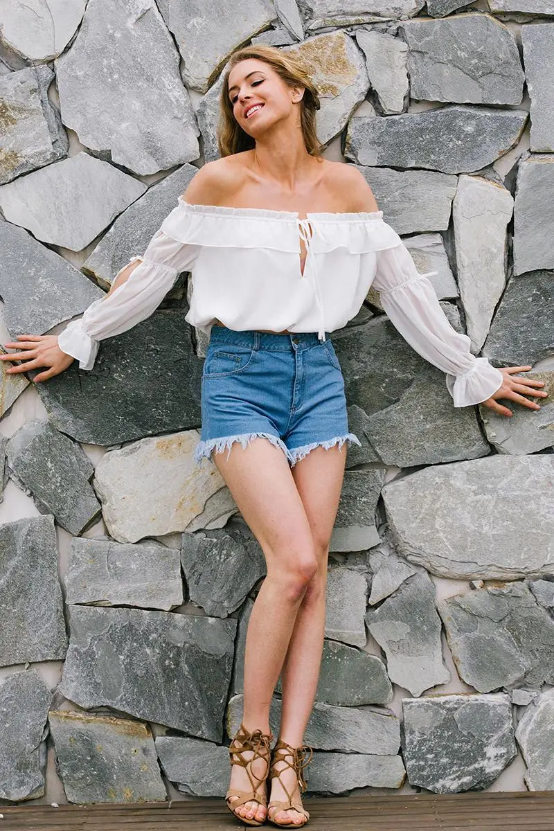 Sweet Women Casual Chiffon Blouse Shoulder off tops White Ruffles Chiffon clothes 2018 Summer Beach Blouse Outfit S-XL 7 (10)