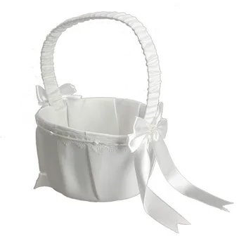 

White Ivory Bow Wedding Blower Basket Ceremony Festive Party Love Case Satin Flower Girl Basket for Wedding Party Supplies