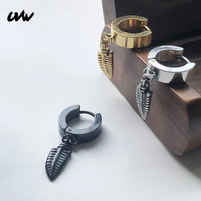 

UVW166 2pc Punk Stainless Steel Hoop Earrings for Women Men Silver Black Ear Clip Leaf Dangle Earrings Pendientes Brincos