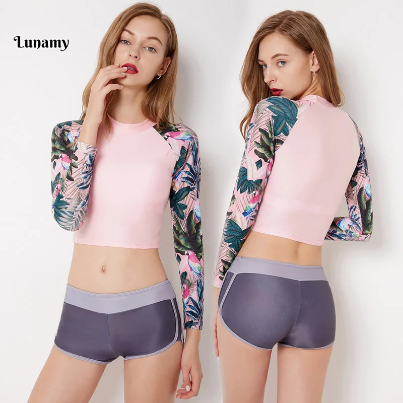 

Lunamy Hot Sale Sexy High Waist Swimwear Long Sleeve Swimsuit Women Two-Piece Beachwear 2018 Swim Bodysuit Female Bathing Suit
