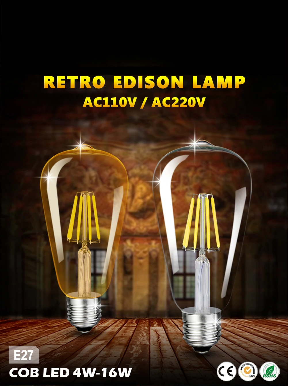 Дешевые 6 шт. 220V Винтаж Edison led диммер светильник E27 светодиодный лампы ST64 теплый белый 16 Вт Светодиодный светильник с регулируемой яркостью, ретро светильник для украшения дома