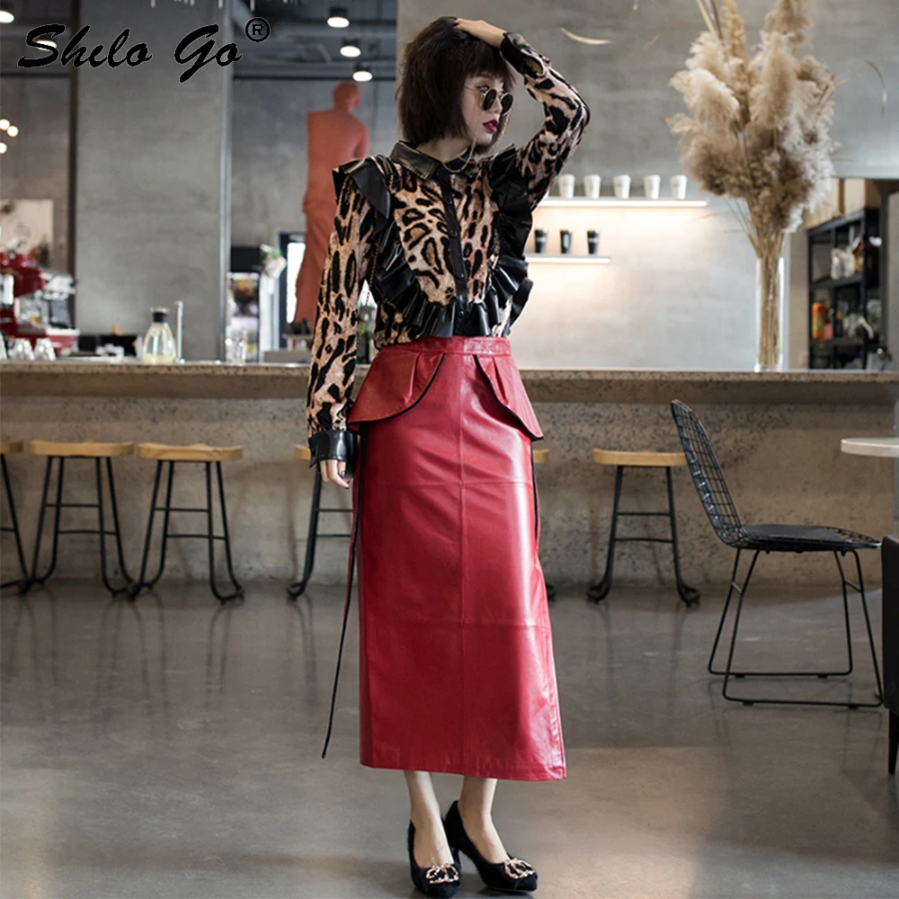 Sexy Leopard Leather Blouses Women Spliced Ruffles Long Sleeve Sheepskin Genuine Leather Shirts Single Breasted Female Top Shirt