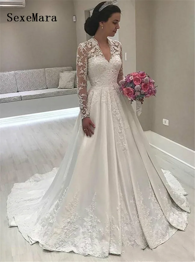 

Vintage V Neck Long Sleeves Pleated Satin Lace Appliques Wedding Dresses Arabic Bridal Gowns Vestidoe De Noiva US Size2-24