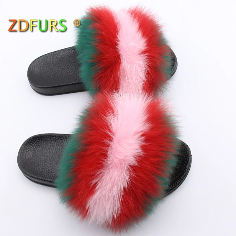 

ZDFURS* 2018 Fox Hair Slippers Women Fur Home Fluffy Sliders Plush Furry Summer Flats Sweet Ladies Shoes Hot Sale Cute Pantufas