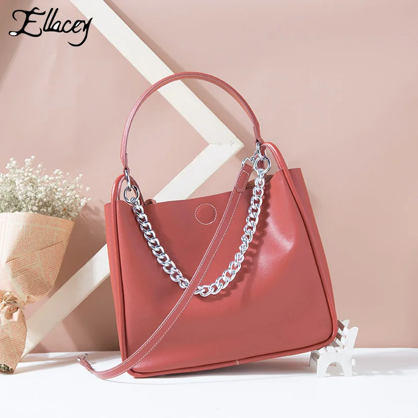 

Ellacey Cow Leather Composite Bags For Women 2019 Ladies Genuine Leather Handbag Shoulder Brief Fashion Chain Large Tote Bags