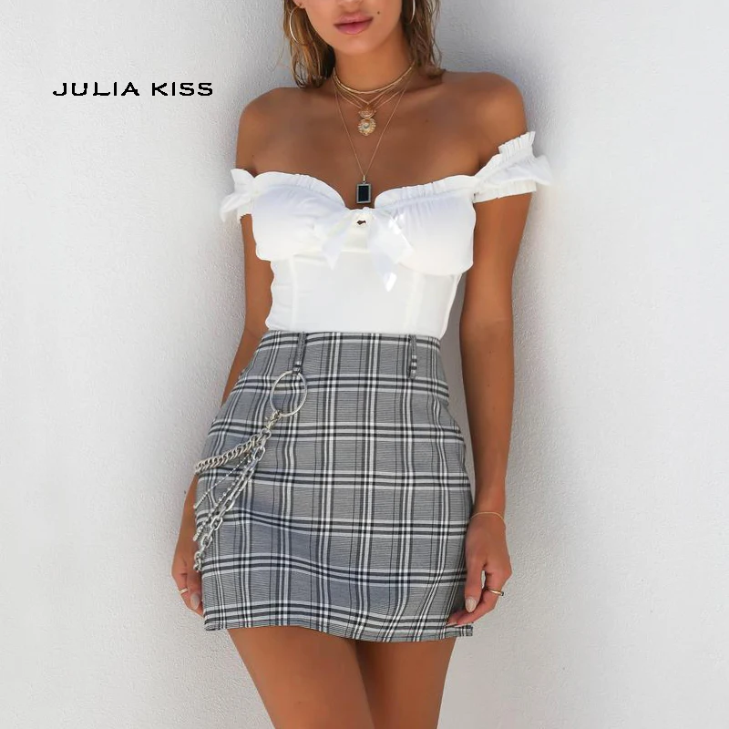 Kopen Vrouwen Plaid Print Bodycon Mini Rok met Punk Keten