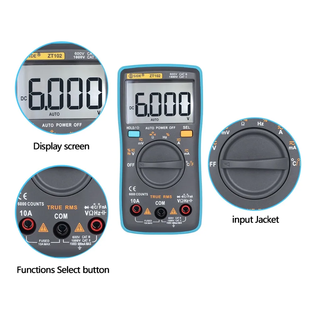 Bside ZT102 True RMS цифровой мультиметр AC DC напряжение тока температура Ом частота Емкость Тестер