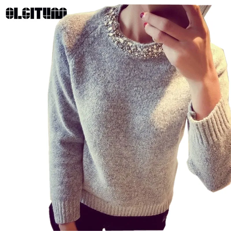 

2018 Fashion Women Sweater Beading O-Neck Solid Casual Slim Ladies Cashmere Sweater Pullover Spring Autumn Winter SW528