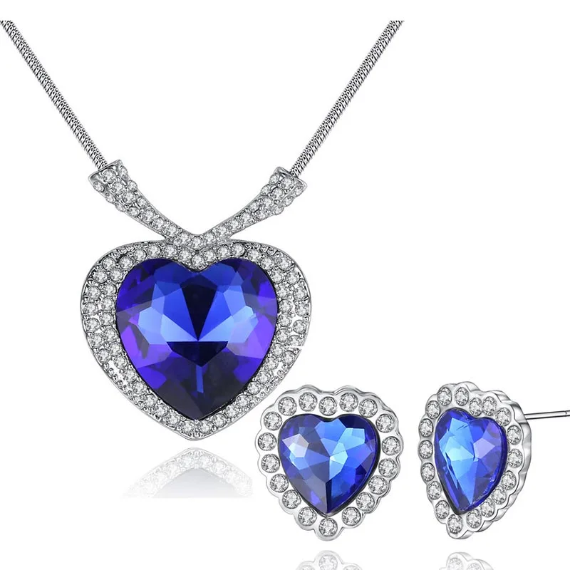 

Big heart shape setting crystal necklace earrings sets silver color copper material party Jewelry sets for women