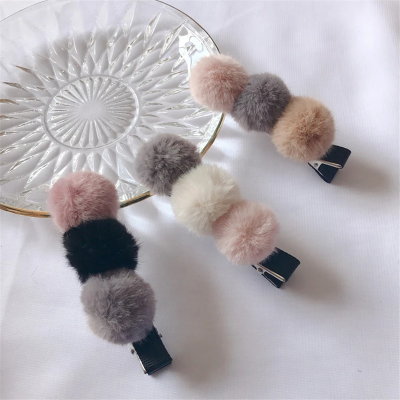 Plush Hair Clip Pom Pom Furry Ball Barrettes Candy Color Faux Mink Fur Hairpin 
