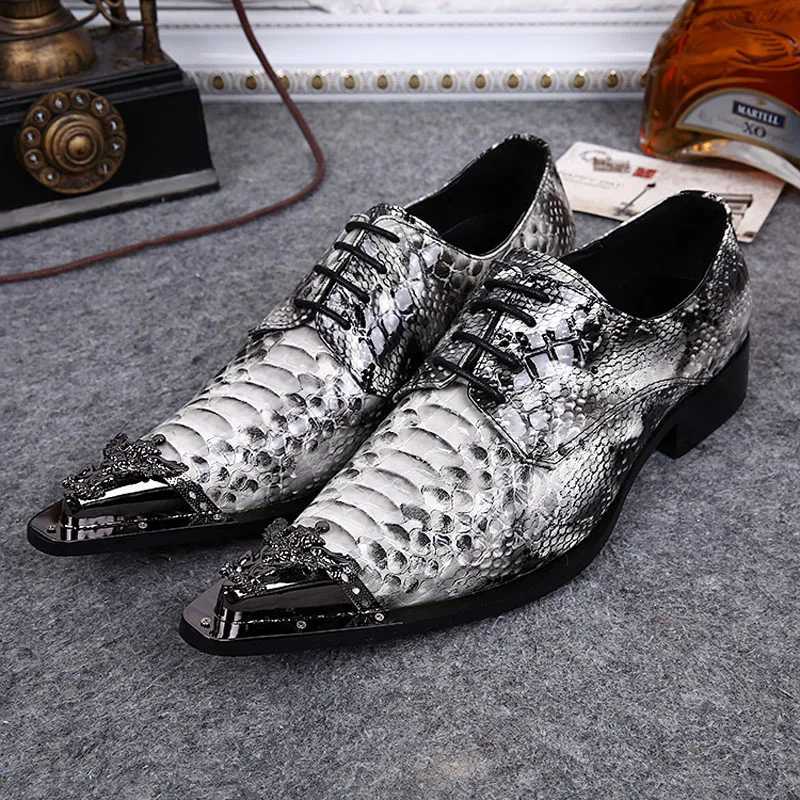 Zapatos Flats Pele De Couro Mens Cobra Hombre Genuine Mocassins Homens Dedo Metal A Casamento Sapatas Sapatos Apontado Lace Do up Vestido qOwB44