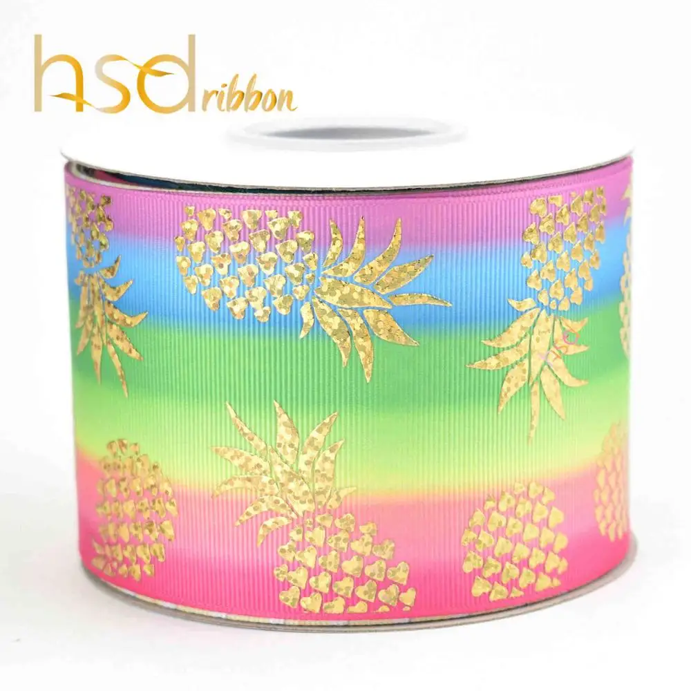 HSDRibbon 75 мм 3 дюйма Золотая Лазерная Фольга ананас на теплопередачи корсажная лента - Цвет: Rainbow 01 - Gold