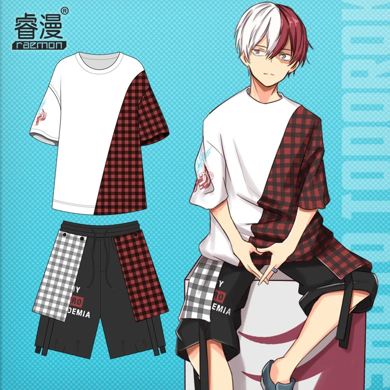 

Anime My Hero Academia Todoroki Shoto Cos Color Blocking T-Shirt And Pants Unisex Summer Wear Fashion Clothes Cosplay Costumes