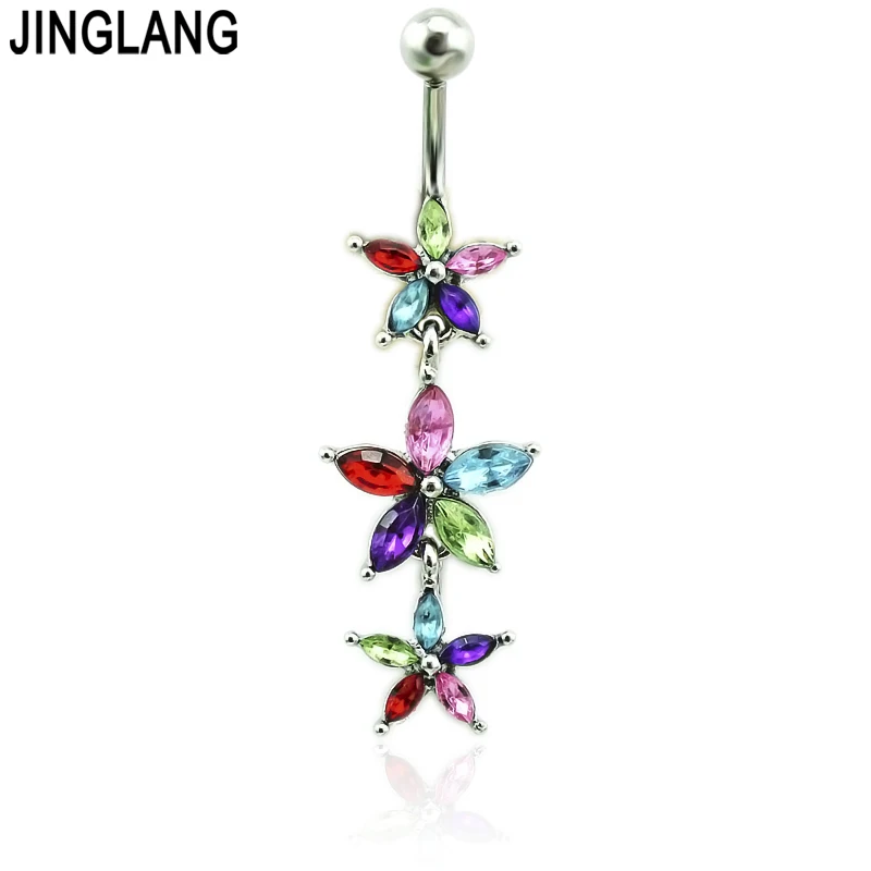 JINGLANG Classic Stainless Steel Belly Button Rings Colorful Crystal