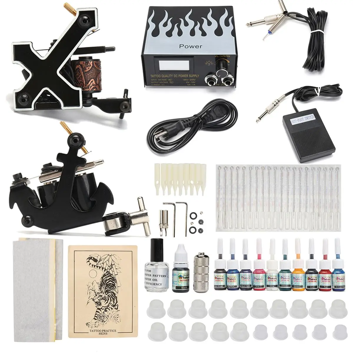 

Complete Tattoo Kit 2 Tattoo Machine Tool Power Supply Needles 10 Color Inks 20pcs Needles Permanent Makeup Body Tattoo Art