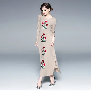 

Brand Dress Women 2019 Spring Fashion Vintage Embroidery Round neck Elegant Split A Line Ankle Length Dress Female S-XXL