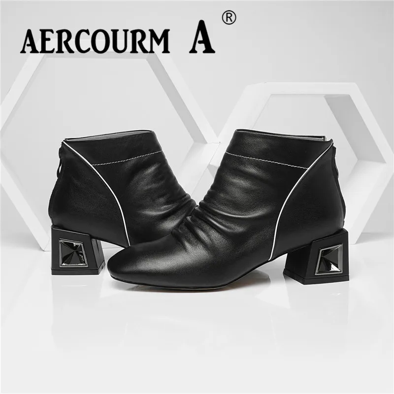 Aercourm A 2019 г. Для женщин сапоги зимние ботильоны Для женщин на среднем каблуке сапоги из натуральной кожи короткие плюшевые ботинки складные