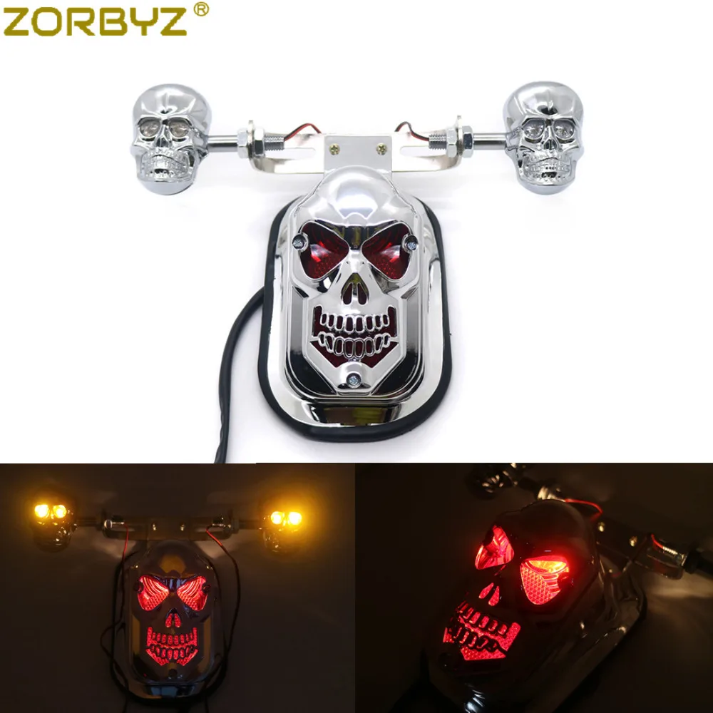 Zorbyz мотоцикл хромированный череп сигнала поворота Стоп-сигнал заднего вида, устанавливаемая на номерной знак хвост светильник для Harley заказной модулятор