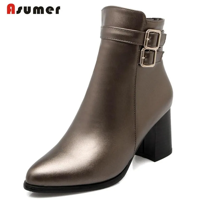 

Asumer Pointed toe solid high square heels shoes women boots pu soft leather boots fashion punk buckle ankle boots