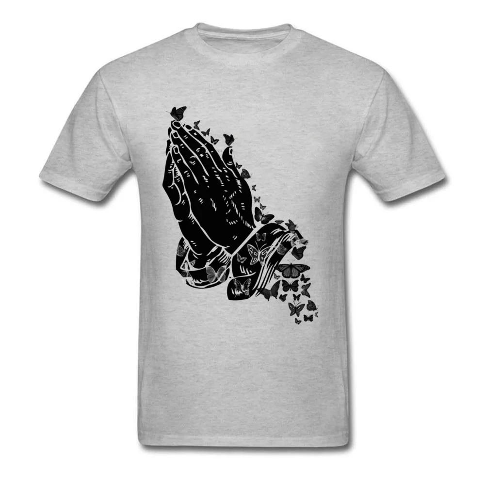 Praying hands and butterflies Crazy T-Shirt for Male 100% Cotton Summer Tops T Shirt Tee Shirt Short Sleeve Brand Crew Neck Praying hands and butterflies grey
