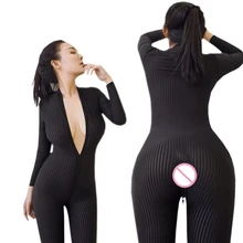 Sexy Lingerie Open Crotch Striped Sheer Teddy Babydoll Sexy Costumes Pole Dance Nightclub Long Sleeves Lingerie Sex Underwear