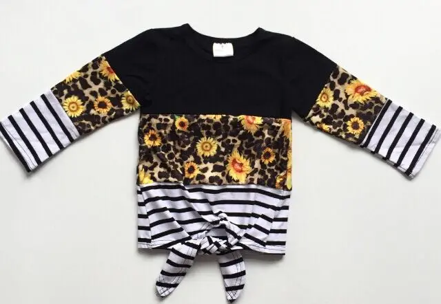 Новая осенне-зимняя детская одежда для маленьких девочек mommy& me, Леопардовый топ с галстуком-бабочкой и подсолнухом, Футболка реглан из хлопка, в полоску, с длинными рукавами - Цвет: sunflower baby